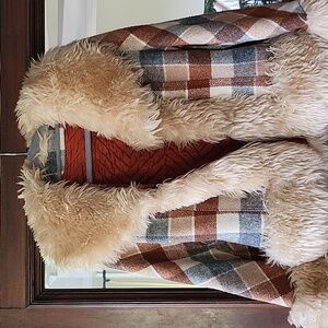Vintage plaid wool coat with fur accent